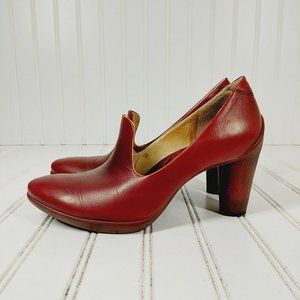 Ecco Red Leather Slip On Clogs Heeled Booties Casual Classic Block Heel I9